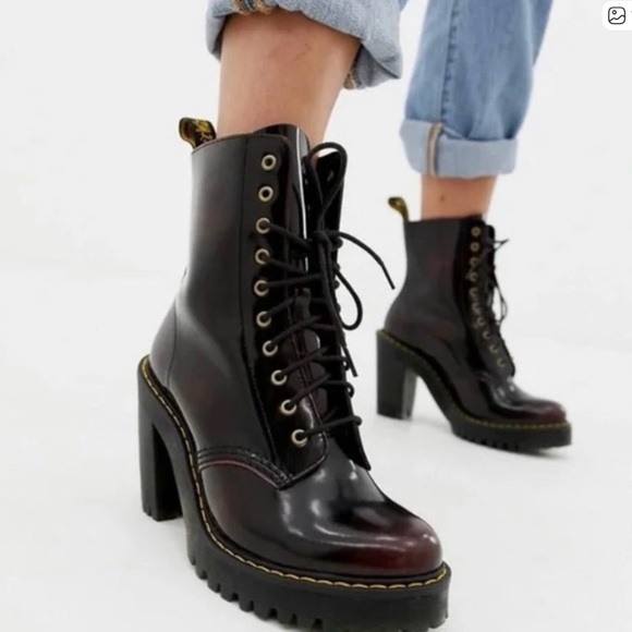 Dr. Martens Shoes - Dr. Martens Women's Black with Burgundy Toe Lace-Up Chunky Heel Boots